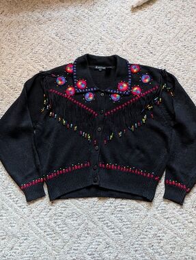 Rare Vintage 80s Cardigan Sweater Knit Hand Beaded Western Boho Rainbow Motifs